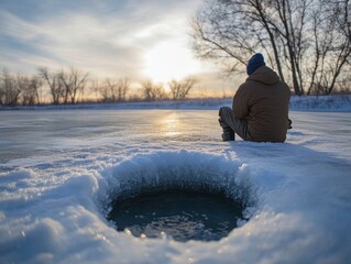 Winter fisherman sitting patiently by an ice hole on a frozen lake, Generative AI