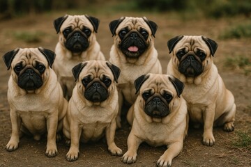 Obraz premium Group of adorable pugs outdoors.