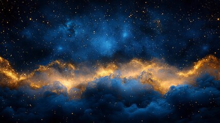 Fototapeta premium Cosmic cloudscape with golden light, stars, and dark blue nebula backdrop
