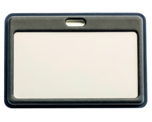 Horizontal black plastic ID badge holder with blank insert on a transparent background