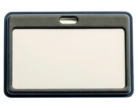 Horizontal black plastic ID badge holder with blank insert on a transparent background