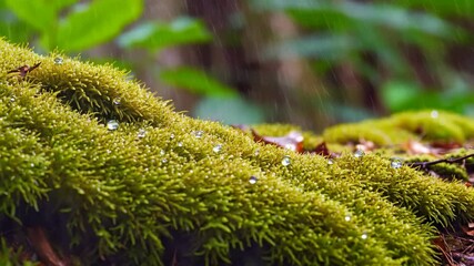 Close-up view of vibrant green moss with glistening water droplets clinging to its soft, textured surface during a rain shower.