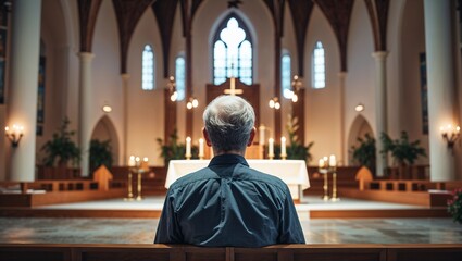 Naklejka premium Man praying in church sanctuary with religious backdrop 