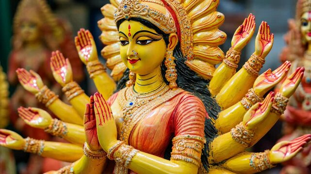 An intricately crafted statue of the Hindu goddess Durga, depicted with multiple arms and a serene expression, often found during festivals such as Durga Puja.