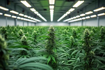 Indoor cultivation of cannabis plants under artificial lights in a large facility