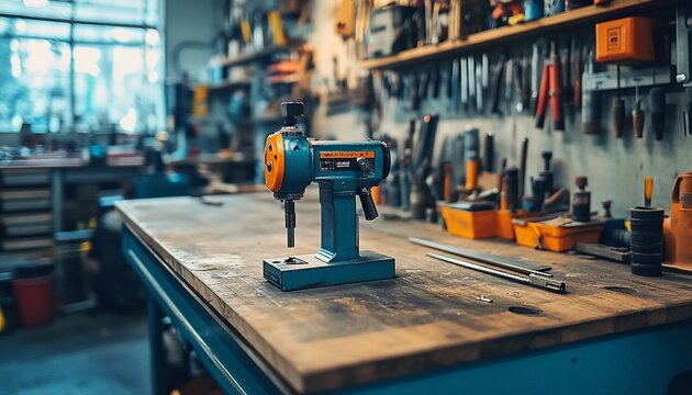 Close up of Hand Press Machine on Wooden Workbench in Workshop with Tools - Powered by Adobe