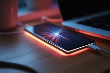 Illuminated cellphone charging on a wooden desk with laptop and mug under atmospheric red and blue neon lights