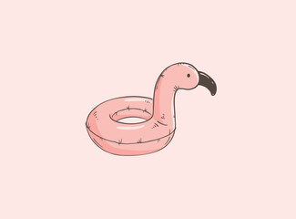 Pink flamingo rubber ring for swimming doodle vector illustration © Kate