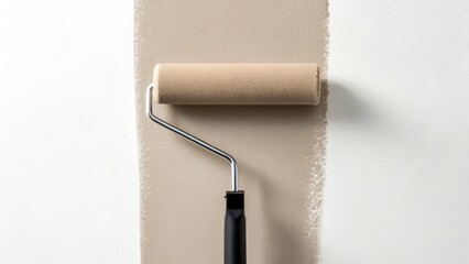 Obraz premium A paint roller creates a clean, vertical stripe of warm beige paint on a pristine white wall, symbolizing home renovation, a fresh start, or interior design projects