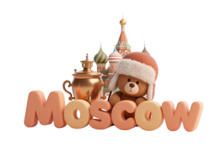 3D icon of Moscow with St. Basil’s Cathedral, samovar, teddy bear in ushanka hat, isolated on white background