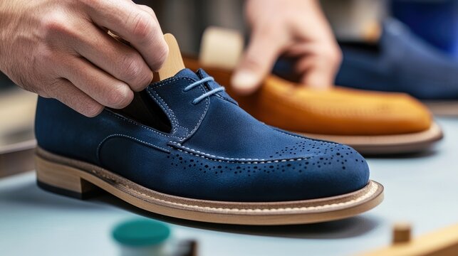 Handcrafted shoe detailing in a workshop showcasing artisanal craftsmanship and attention to detail among vibrant leather materials and tools
