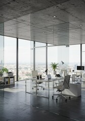 Fototapeta premium Modern Office Interior High Angle View with Cityscape Photo