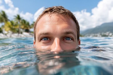 Man's face partially submerged in water, blue eyes looking at camera, tropical background.