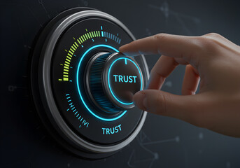 Trust dial concept for business security and confidence building with hand turning trust knob control