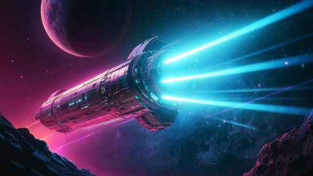 Futuristic spaceship firing blue thrusters in neon-lit alien cosmos, cinematic sci-fi space travel concept 