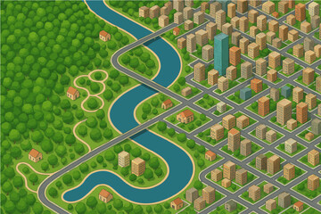 City and Forest River Vector Map