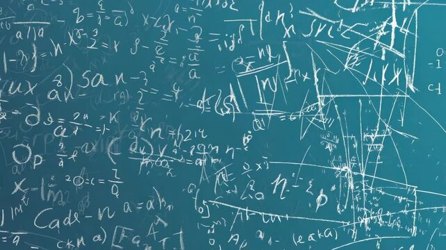 Sci-fi inspired math formula chalkboard with glowing teal and blue hues