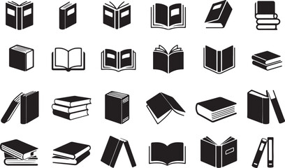 Book Icon Set – Black Glyph and Outline Symbols of Open and Closed Books, Library, and Education – Vector Illustration