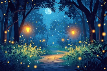 Enchanted forest path under a luminous night sky.