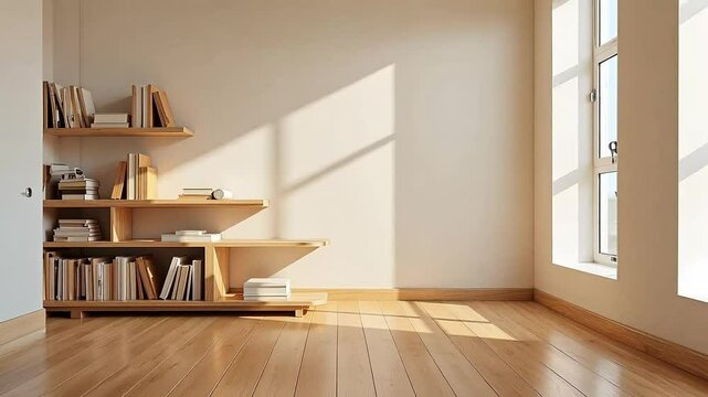 Minimalist interior design with wooden bookshelf and sunlight streaming through window