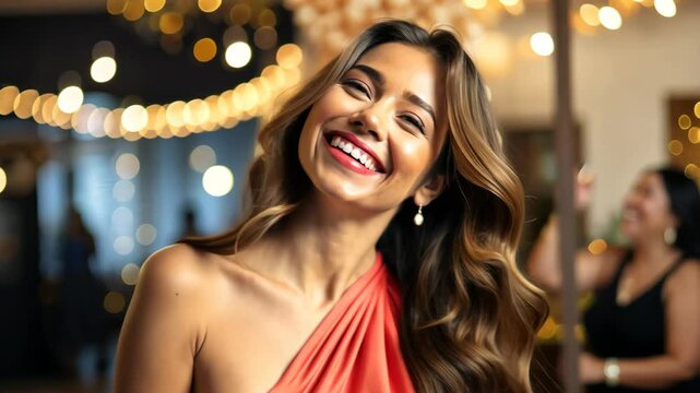 Laughing and smiling young lady wearing elegant strapless dress. Social event setting.