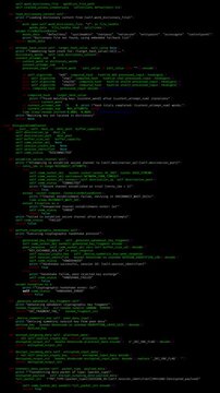 Numerous lines of programming code continuously scroll vertically across the screen simulating a digital interface or console