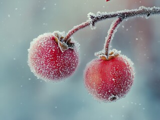 Delicate red holly berries covered in frost, set against a snowy backdrop, Generative AI