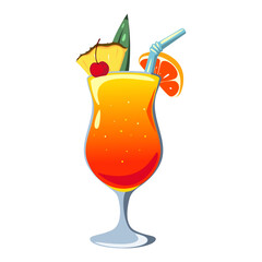 Cocktail "planter's punch". Summer, refreshing drink with pineapple, orange, cherry. Classic, bar, alcoholic cocktail.
