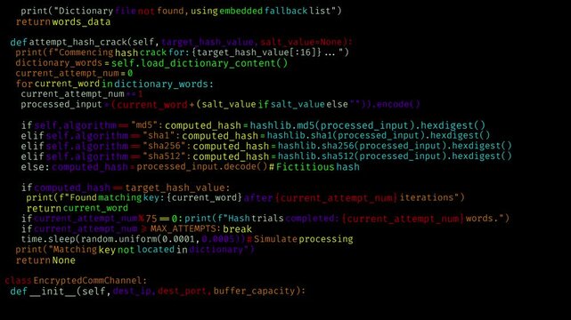 Programming language simulation shows numerous lines of text continuously scrolling across a dark black screen background for a tech feel