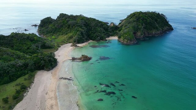 Peaceful Drone Flyover of Beach and Turquoise Bay, Matapouri, New Zealand