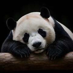 Fototapeta premium Sleeping Panda Bear Resting on Wood