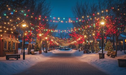 Vibrant holiday decorations lighting up a snowy city square, Generative AI
