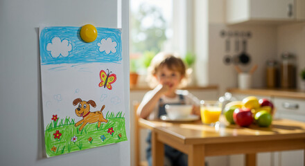 Child’s drawing stuck to fridge with child in kitchen for parenting blogs and family home visuals