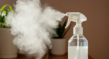 Spray bottle emitting mist on brown background for cleaning tutorials and home hygiene education