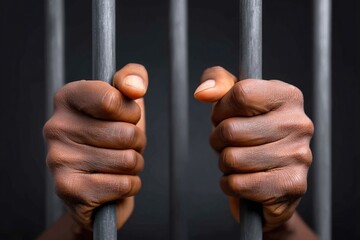 Man's hands behind bars. Hands holding bars. Generative Ai