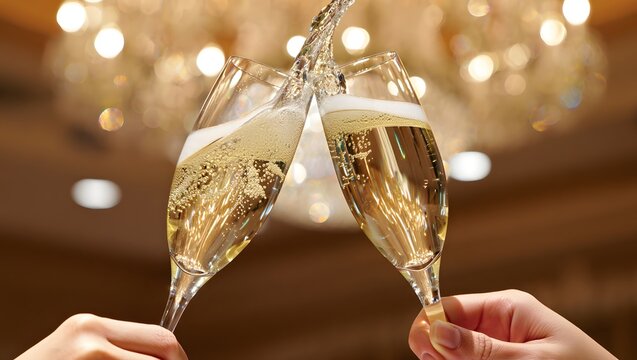 Sparkling champagne flutes toast to new beginnings and joyous celebrations under warm bokeh lights