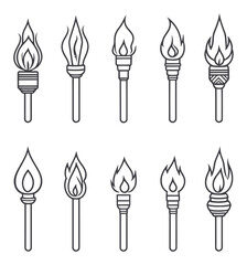 Detailed Vector Illustration of Various Torch Designs and Flame Styles