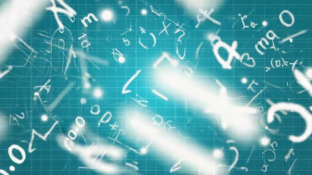 Futuristic math board with white chalk-style symbols and complex formulas