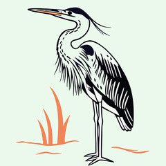Elegant Grey Heron Bird Illustration, Line Art