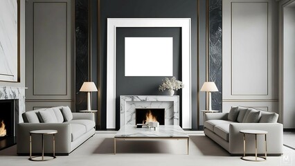 Luxury living room interior with marble accents, sofa, tables, minimalist decor, high-end modern aesthetic, large white mockup frame centered on textured dark wall, elegant lighting