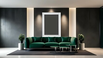 Luxury living room interior with sofa and table, mockup frame centered on textured wall, elegant lighting