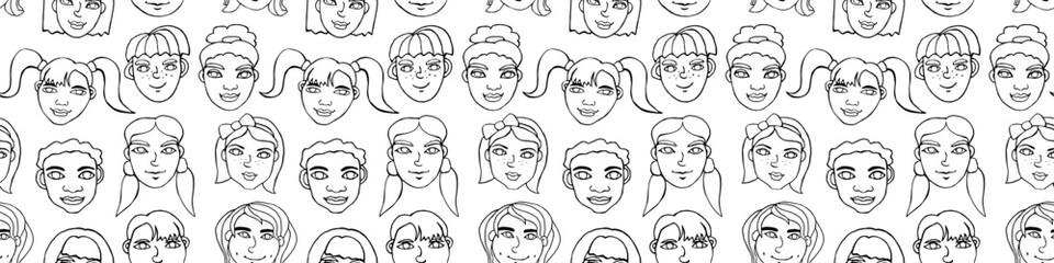 Vector outline seamless pattern with cartoon faces, heads of kids, boys and girls. Friendship, school theme. Hand drawn Childish fun cute texture backdrop
