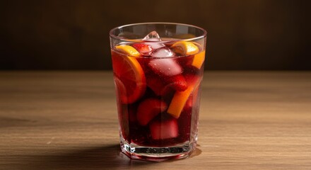Refreshing Red Fruit Cocktail with Ice in Glass on Wooden Table