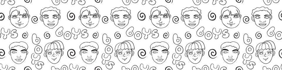 Vector Seamless pattern with outline face boys and letterings. Hand drawn Doodle head of kids people. Childish texture backdrop. Friendship, school theme