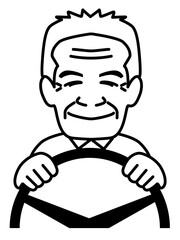 男性高齢者ドライバーのモノクロイラスト