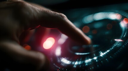 Hand activating a futuristic holographic dashboard with pulsing lights