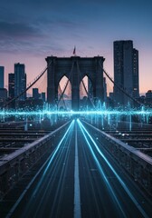 Fototapeta premium Nighttime Photo of Brooklyn Bridge in New York with Blue Lights and Sky