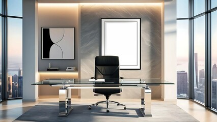 Office room, glass desk with chrome legs, large black ergonomic chair, floor-to-ceiling windows with cityscape view, framed white poster mockup on a stone-textured
