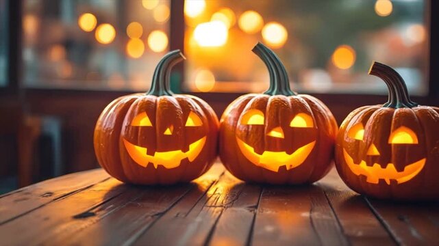Three smiling halloween pumpkins on table, sunset bokeh.