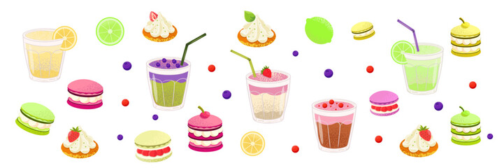 Colorful seamless pattern with sweet desserts and drinks on pink background. Includes vector illustrations of macarons, whipped cream cupcakes, refreshing fruit juices with straws, citrus slices